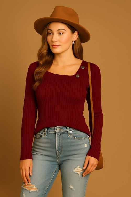Ruby Ribbed Asymetrical Sweater