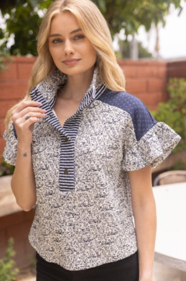 Meline Print Block Quarter Snap Top